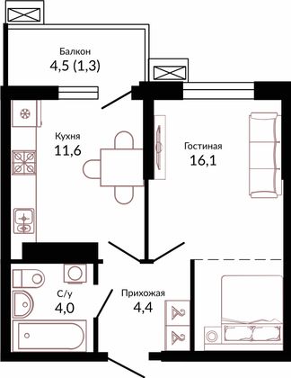 38,1 м², 1-комн. квартира, 1/23 этаж