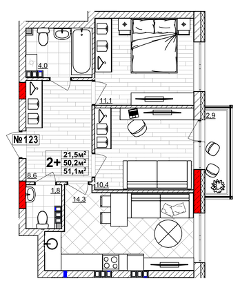 Продажа 2-комнатной квартиры 51,1 м², 3/4 этаж