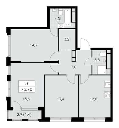 75,7 м², 3-комн. квартира, 25/30 этаж
