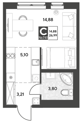 Продажа квартиры-студии 27 м², 14/25 этаж