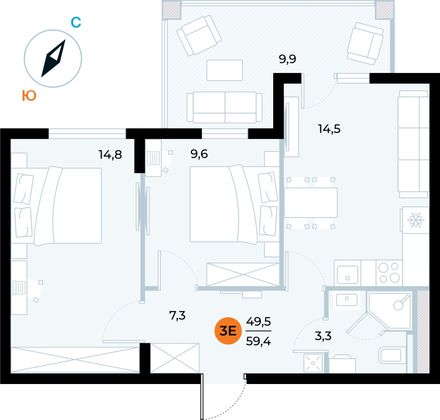 59,4 м², 2-комн. квартира, 4/6 этаж