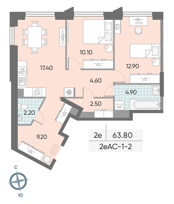 Продажа 2-комнатной квартиры 63,8 м², 2/58 этаж