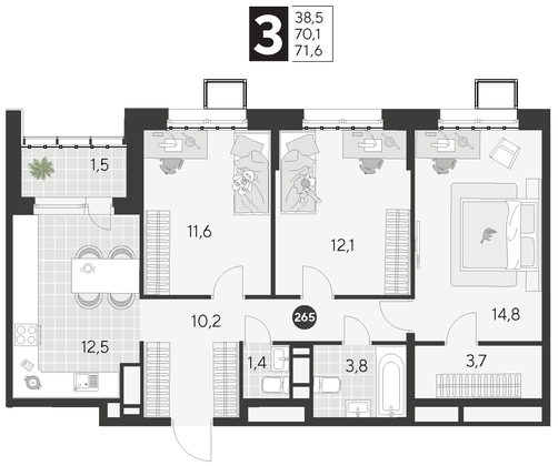 Продажа 3-комнатной квартиры 71,6 м², 2/21 этаж