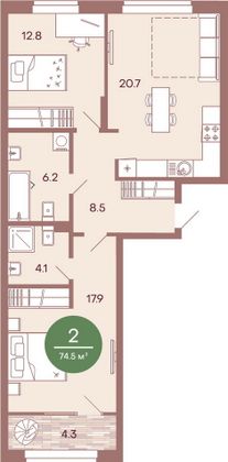 Продажа 2-комнатной квартиры 74,5 м², 1/17 этаж