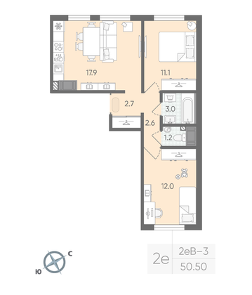 Продажа 2-комнатной квартиры 50,5 м², 12/19 этаж