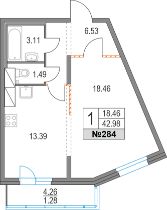 42,7 м², 1-комн. квартира, 2/19 этаж