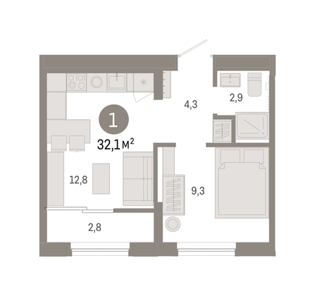 Продажа 1-комнатной квартиры 32,1 м², 9/9 этаж