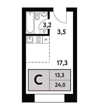 24 м², студия, 13/35 этаж