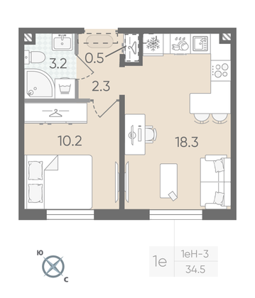 Продажа 1-комнатной квартиры 34,5 м², 1/22 этаж