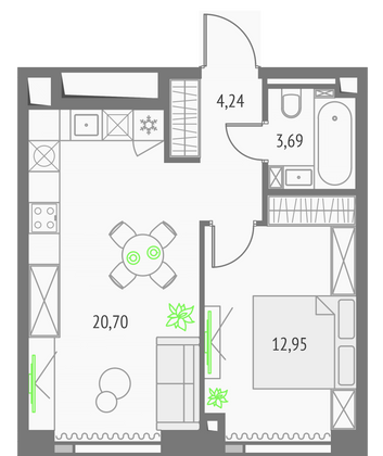 41,6 м², 1-комн. квартира, 4/57 этаж