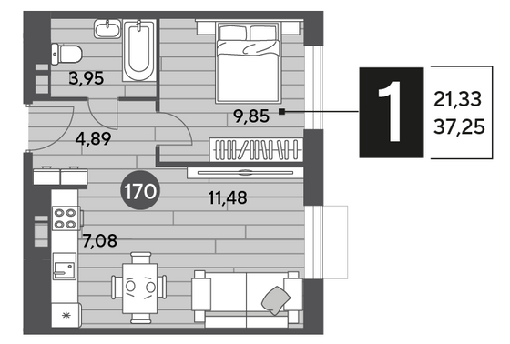 Продажа 1-комнатной квартиры 37,3 м², 8/15 этаж