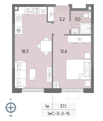 37,1 м², 1-комн. квартира, 11/24 этаж