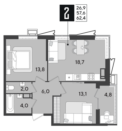 Продажа 2-комнатной квартиры 62,4 м², 18/18 этаж