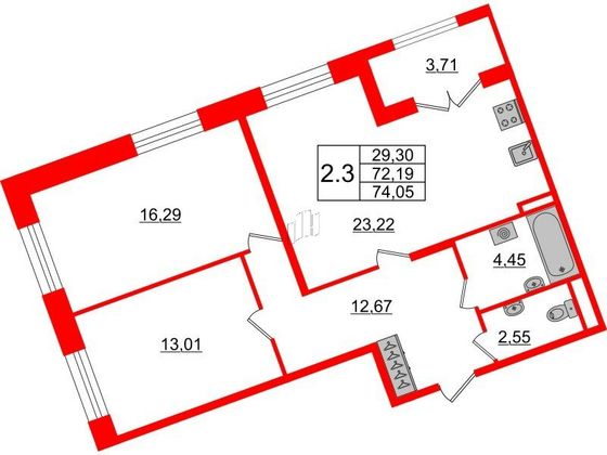 Продажа 2-комнатной квартиры 72,2 м², 3/6 этаж