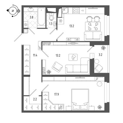 64,5 м², 2-комн. квартира, 18/19 этаж