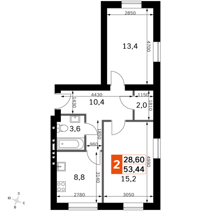 53,4 м², 2-комн. квартира, 2/4 этаж