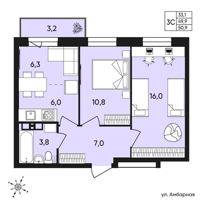 Продажа 3-комнатной квартиры 50,9 м², 4/9 этаж