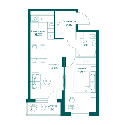 44,2 м², 2-комн. квартира, 2/6 этаж