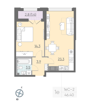Продажа 1-комнатной квартиры 46,4 м², 18/23 этаж