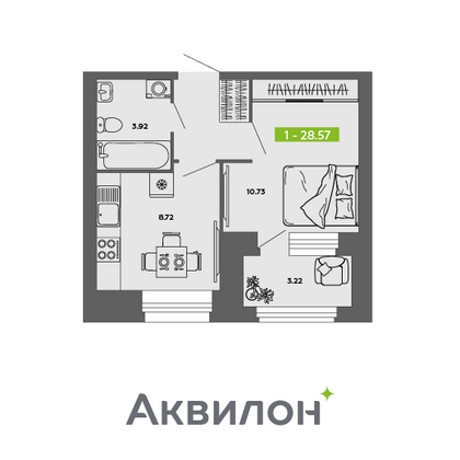 28,6 м², 1-комн. квартира, 7/11 этаж