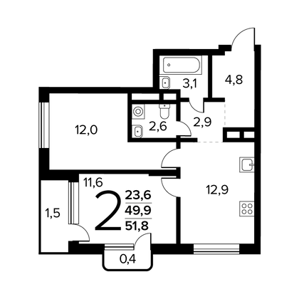 Продажа 2-комнатной квартиры 51,8 м², 12/14 этаж