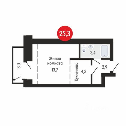 Продажа квартиры-студии 25,3 м², 3/11 этаж