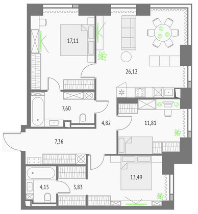 96,3 м², 3-комн. квартира, 27/57 этаж