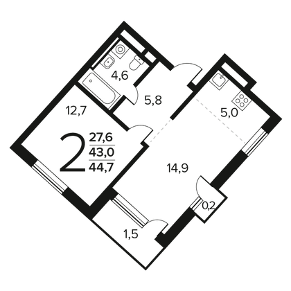 Продажа 2-комнатной квартиры 44,7 м², 6/12 этаж