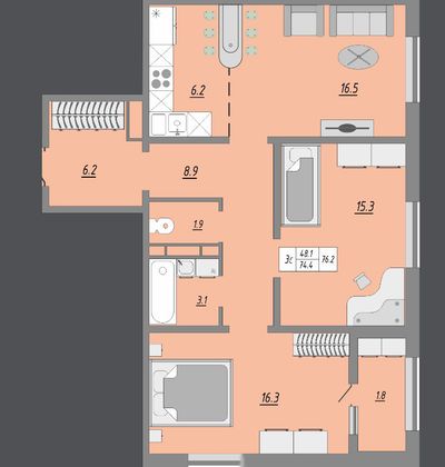 Продажа 3-комнатной квартиры 76,2 м², 12/24 этаж