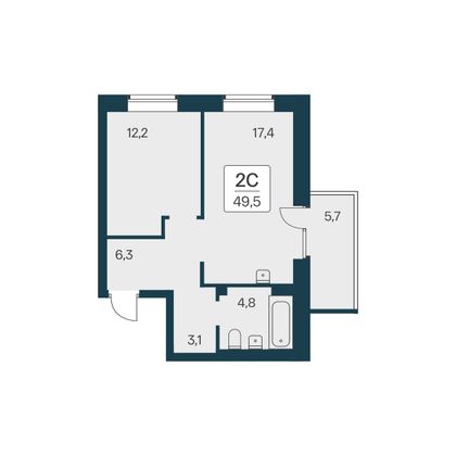 49,5 м², 2-комн. квартира, 2/21 этаж