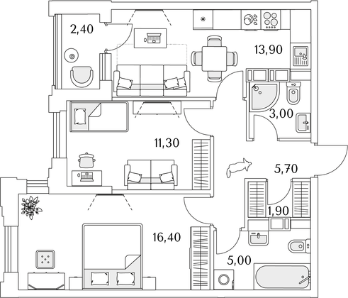 58,4 м², 2-комн. квартира, 3/13 этаж