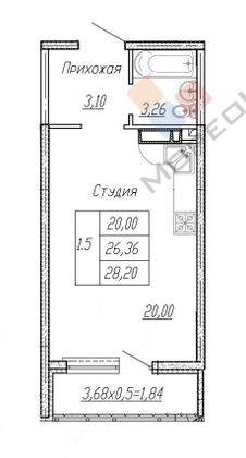 Продажа 1-комнатной квартиры 28,2 м², 9/24 этаж