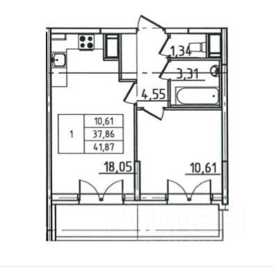 Продажа 1-комнатной квартиры 41,7 м², 6/18 этаж