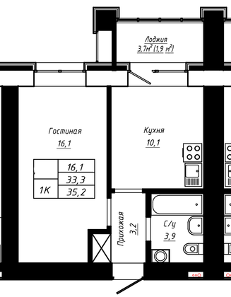 Продажа 1-комнатной квартиры 35,2 м², 4/16 этаж