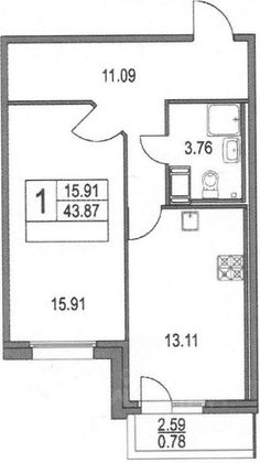 Продажа 1-комнатной квартиры 43,8 м², 14/25 этаж