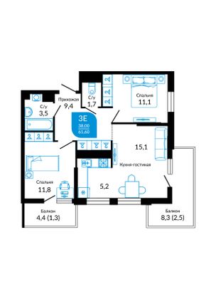 63,3 м², 2-комн. квартира, 13/22 этаж