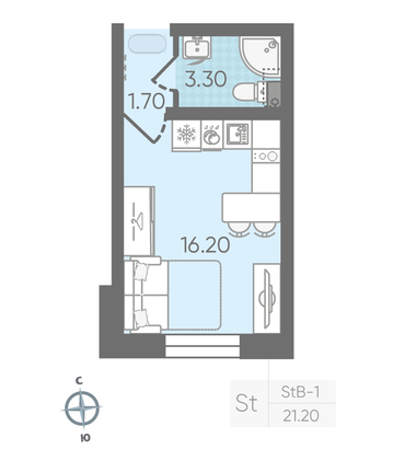21,2 м², студия, 1/16 этаж
