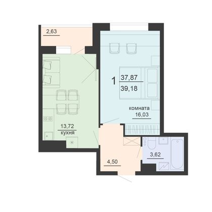 Продажа 1-комнатной квартиры 39,2 м², 5/20 этаж