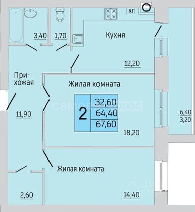 Продажа 2-комнатной квартиры 67,6 м², 3/9 этаж