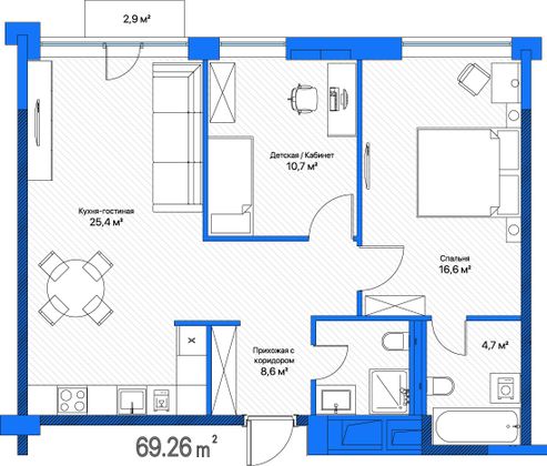 Продажа 2-комнатной квартиры 69,3 м², 2/13 этаж