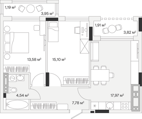 62,1 м², 2-комн. квартира, 3/7 этаж