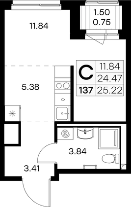 25,2 м², студия, 1/9 этаж