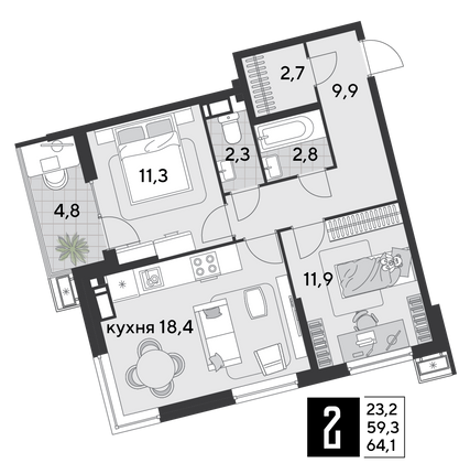 Продажа 2-комнатной квартиры 64,1 м², 14/18 этаж