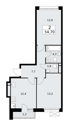 54,7 м², своб. планировка, 6/9 этаж