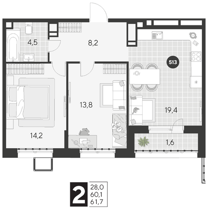 Продажа 2-комнатной квартиры 61,7 м², 10/21 этаж