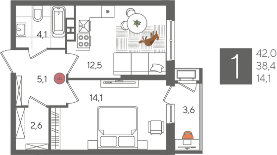 Продажа 1-комнатной квартиры 42 м², 9/24 этаж