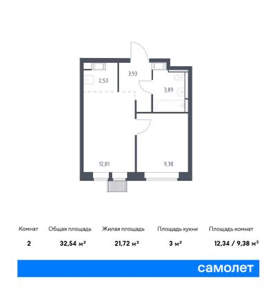 32,5 м², 2-комн. квартира, 5/25 этаж