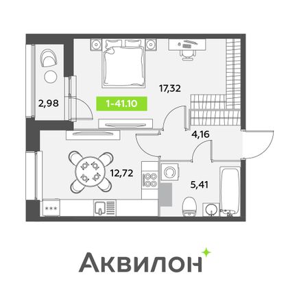 41,1 м², 1-комн. квартира, 3/12 этаж