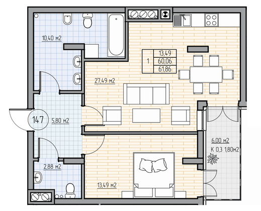 58,6 м², 1-комн. квартира, 1/7 этаж