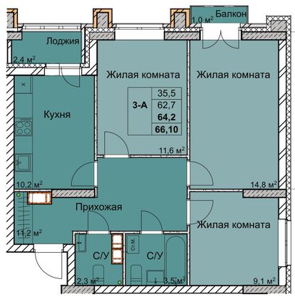 Продажа 3-комнатной квартиры 64,2 м², 2/18 этаж